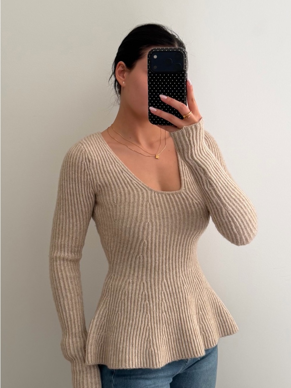 H&M Beige Ribbed Peplum Scoop-Neck Sweater